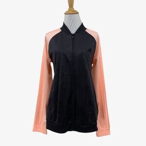 Adidas Jacket Women M Medium Black Peach Floral Stencil Full Zip 3 Stripe Track